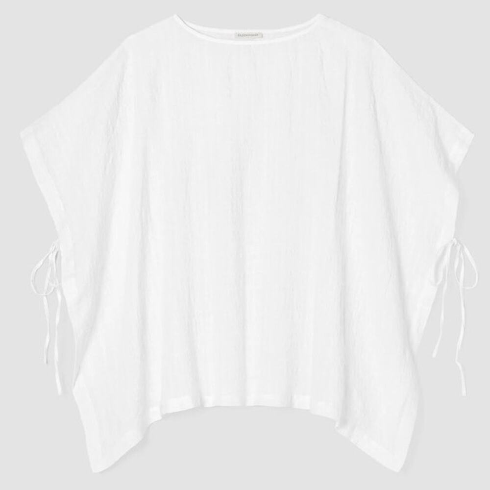 Eileen Fisher Linen Cotton Sheer Check Open Side Tie Poncho White Size S/M
